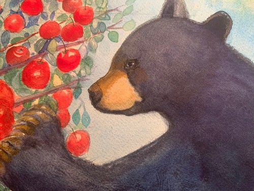 WATERCOLOR 10x12 Original Bear Apples Nature Animals Impressionism Landscape Art - Bild 4 von 4