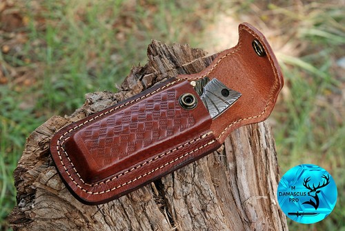 CUSTOM HANDMADE ENGRAVED PURE COW LEATHER SHEATH FOR 5" FOLDING KNIFE EDC 1362 - Picture 4 of 5