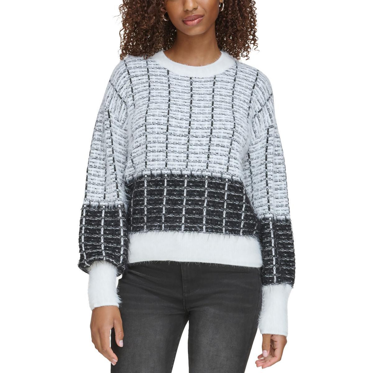 Женский черно-белый твидовый свитер с круглым вырезом и принтом Karl Lagerfeld Paris XS BHFO 8373