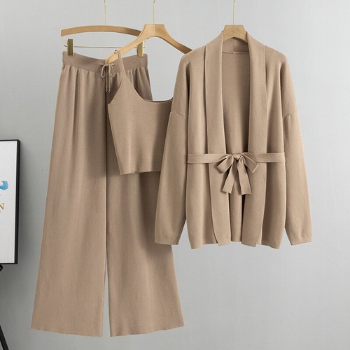 3-teiliges Set lange Hose weites Bein Cardigan Cropped Tank Tops Camisole Damen Strick