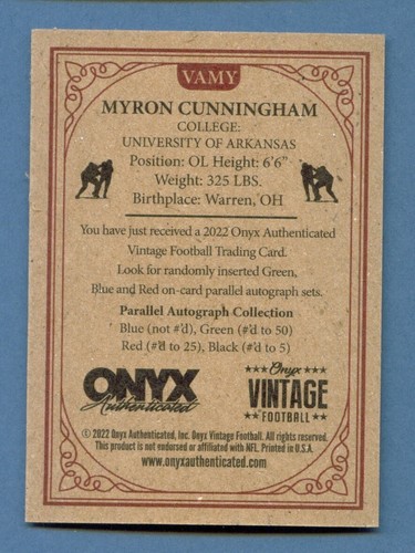 2022 Ónix De Colección AUTÓGRAFO Tinta Azul MYRON CUNNINGHAM Texans ARKANSAS Razorbacks - Imagen 2 de 2