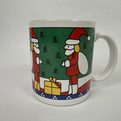 Vintage 80s Christmas Holiday Coffee Mug Cup MCM Styling Santa Snow House Japan - Picture 18 of 18