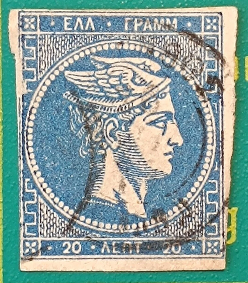 Sello Grecia 1862-75, Sc A1 20l azul sobre azulado, figura en la parte posterior, usado Foto 4 de 4