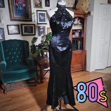 Vintage 1980s Climax by Karen Okada For David Howard Black Satin Evening Gown