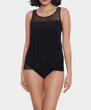 Miraclesuit Sz 16DD Illusionist Mirage Tankini Top Swimsuit Black Underwire Slim