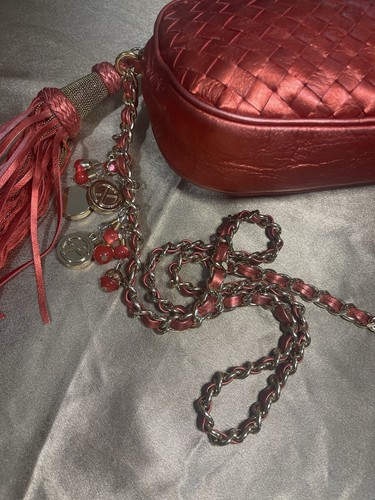 Francesco Biasia Woven Leather Metallic Red Crossbody Bag, Tassel/Charms Purse - Picture 9 of 13