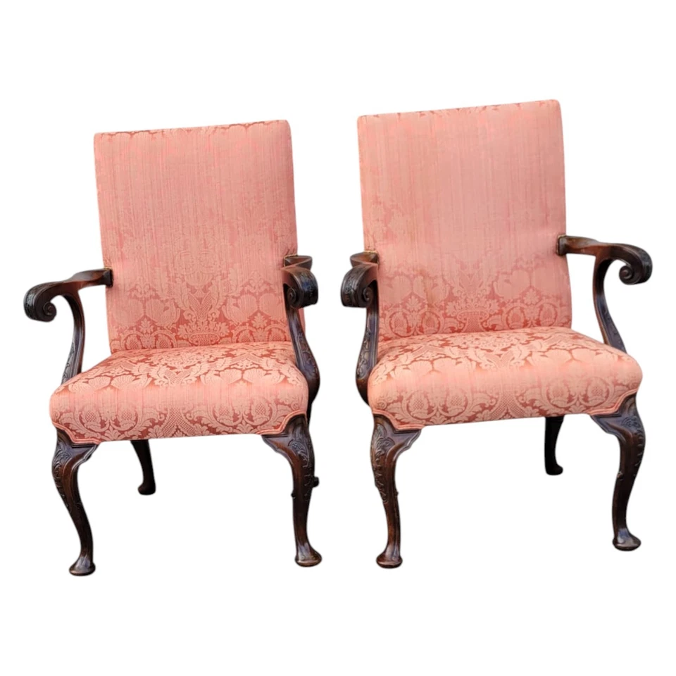 Пара кресел королевы Анны из орехового дерева 19 века оригинальная отделка саламандра ткань - Изображение 3 из 4