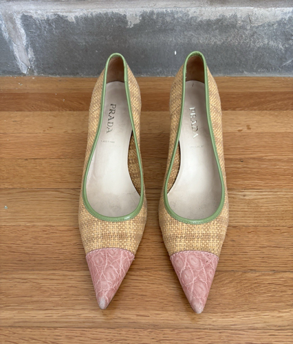 PRADA Woven Raffia Patent Leather Trim Crocodile Cap Pointed Toe Heel-Sz 40/9 US - Picture 4 of 13