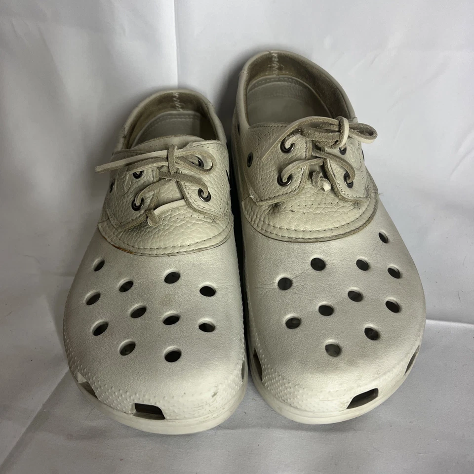 Zapatos de muelle de barco CROCS Islander para hombre 11 cómodos de cuero con cordones blancos sin cordones Foto 2 de 4