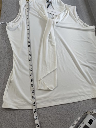 Calvin Klein Sleeveless Tie Neck Blouse Women XL Ivory Career Wear Stretchy - Picture 10 of 10