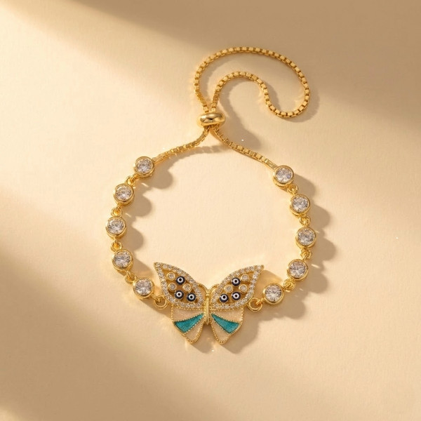 Alternate view of Gold-plated 925 Sterling Silver Butterfly Necklace, Turquoise Evil Eye Bracelet