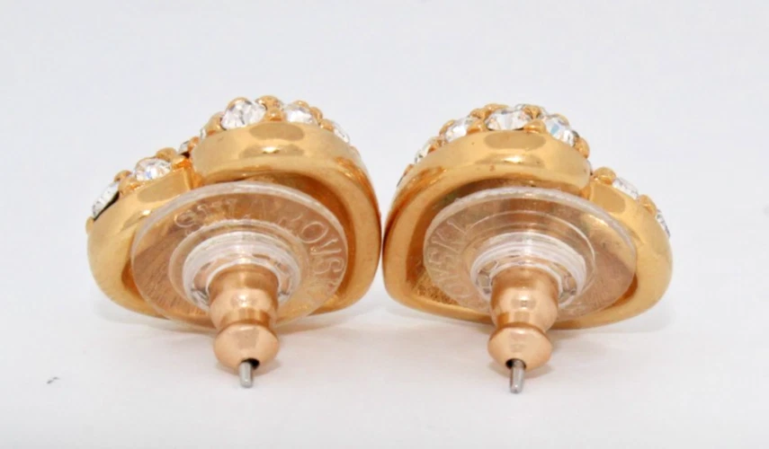 ✨ Vintage Rare SWAROVSKI Pavé Crystal Gold-Plated Hearts Pierced Earrings  ✨ - Image 2 of 4