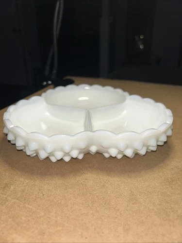 Fenton MILK GLASS HOBNAIL Divided Dish Vintage Dinnerware Candy Dish Marked
