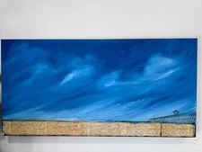 original Shane Townley. Expressionist; pier with windswept clouds. Signed.