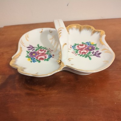 Vintage unmarkiert schwere Keramik geteilt Floral Bon-Bon Schale Gold vergoldet überbacken