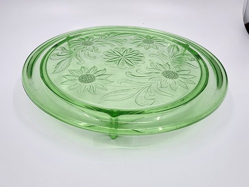 Vintage Green Depression Glass Jeannette Footed Cake Plate Stand 10" Sunflowers - Picture 3 of 12