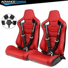 Reclinable Racing Seat Dual Sliders Red Pu Carbon Leather Cam-lock Belt X2