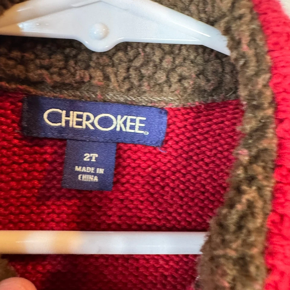 Suéter Cherokee Rojo Tejido con Cable Sherpa Forrado Cuello Simulado Niños 2T Vacaciones Acogedor Cálido Foto 3 de 4
