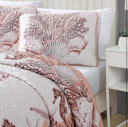 CARIBBEAN JOE Coastal 3-Piece Quilt Set, Queen, Beach Delight Coral - Picture 4 of 7