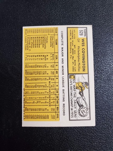 1963 Topps - High # Wes Covington #529 EX tarjeta limpia - Imagen 2 de 3