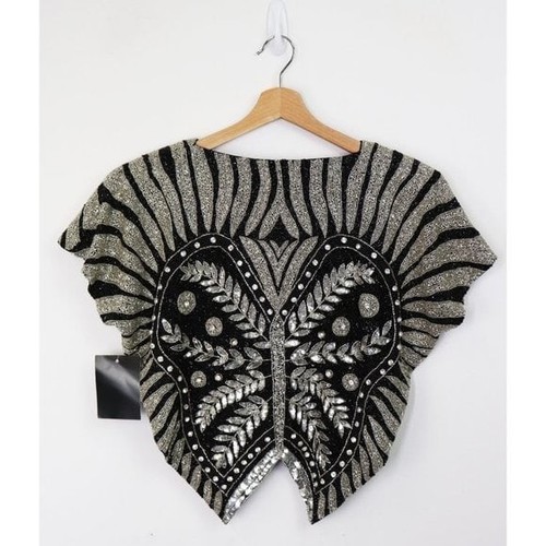 Neu mit Etikett Retrofete Camila Top Shirt V-Ausschnitt Pailletten Kristallverzierung schwarz silber S - Bild 6 von 11