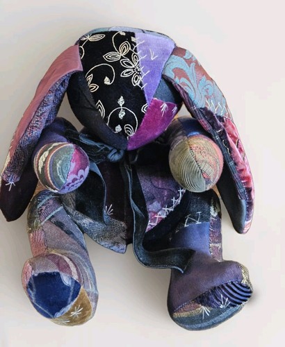 Handmade Stuffed Posable Bunny Rabbit Patchwork Velvet Tapestry Movable 14" - Picture 9 of 16