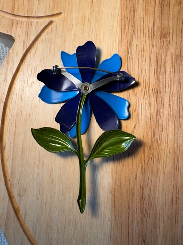 Vintage BLUE Flower Enamel Metal Brooch Pin 3” J76 - Picture 2 of 3
