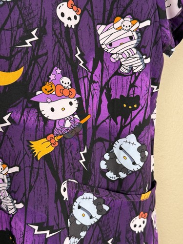 Halloween Hello Kitty Scrub Top Med Purple Night Fun Witch Cat Ghost Mummy 1140 - Picture 6 of 12