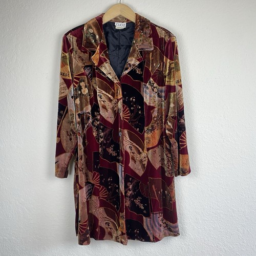 Vintage Clio 1x Velvet Jacket Long Duster Chinese Fan Asian Wearable Art Blazer