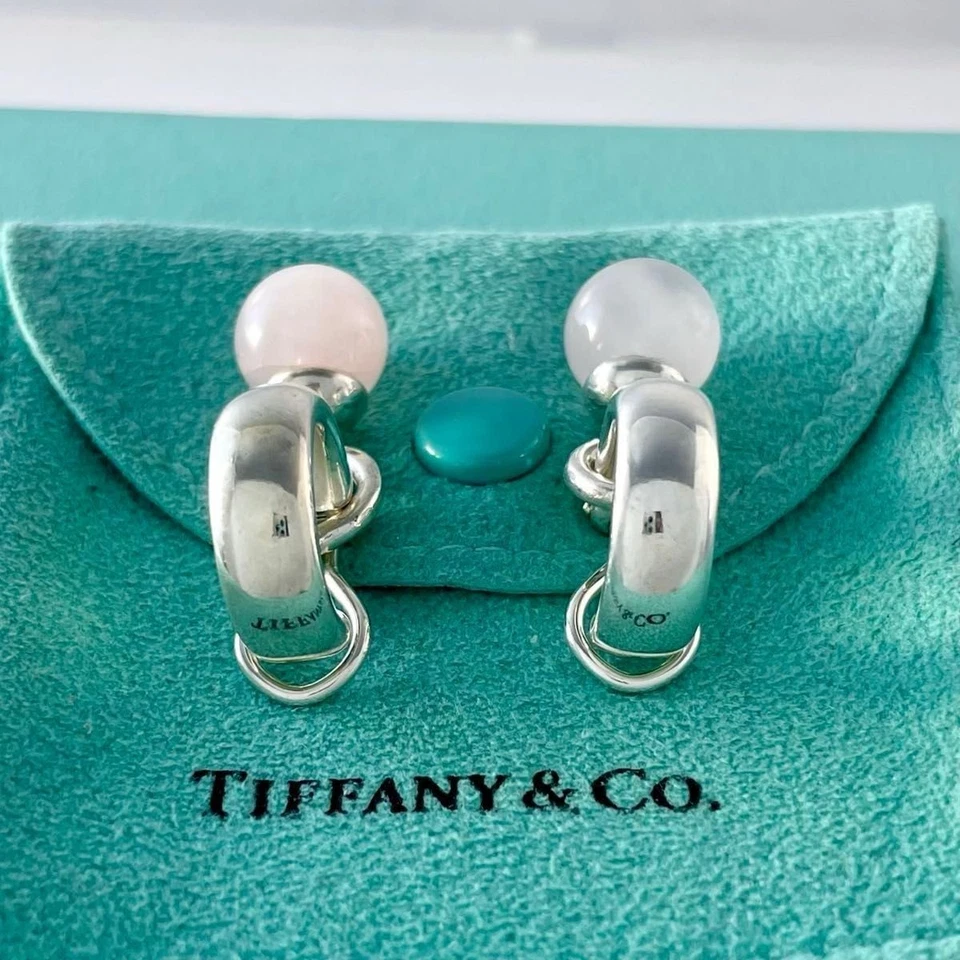 Authentic Tiffany & Co. Rose Quartz Door Knocker Ball Earrings Silver 925 VB6fe - Image 3 of 4
