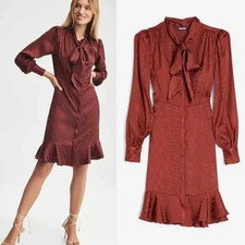 Express Brown Snakeskin Pattern Silky Ruffle Tie Neck Front Button Up Dress SP