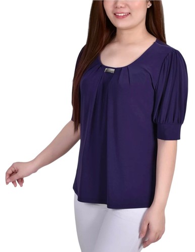 NY Collection NWT Women's Size L Purple Short Sleeve Balloon Sleeve Top - Picture 3 of 9