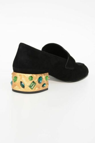 PRAD A UNIQUE BLACK SUEDE EMERALD GREEN JEWELED HEEL LOAFERS 36.5 40 LOVE SHOES - Picture 4 of 11