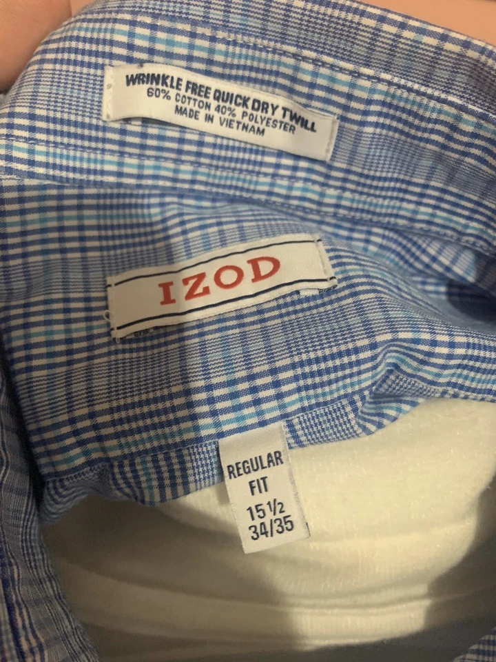 Camisa masculina IZOD 151/2 34/35 azul xadrez sem rugas secagem rápida manga longa sarja - Imagem 3 de 3