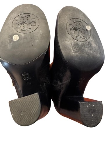 Tory Burch Mae Bootie Sz 6M Black Leather Gold Studded Logo Side Zip Block Heel - Picture 16 of 16