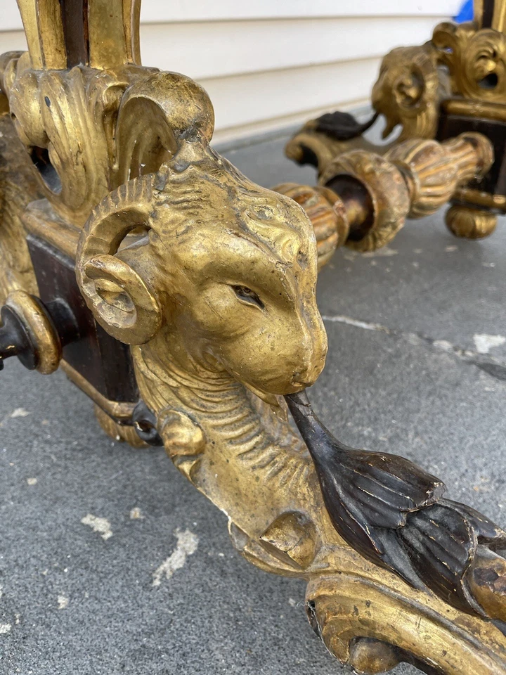 Antiga mesa console salão escultura em madeira Itália Stunting com tampo de mármore verde  - Imagem 3 de 4