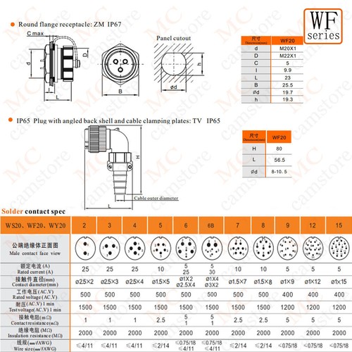 Weipu WF20 15pin Montaggio a Pannello Spina a Gomito + Presa,Connettore Cavo Filo Elettrico - Foto 2 di 7