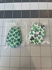 Set of 2 Leather Teardrop Earrings with Shamrock Designs-Green  White