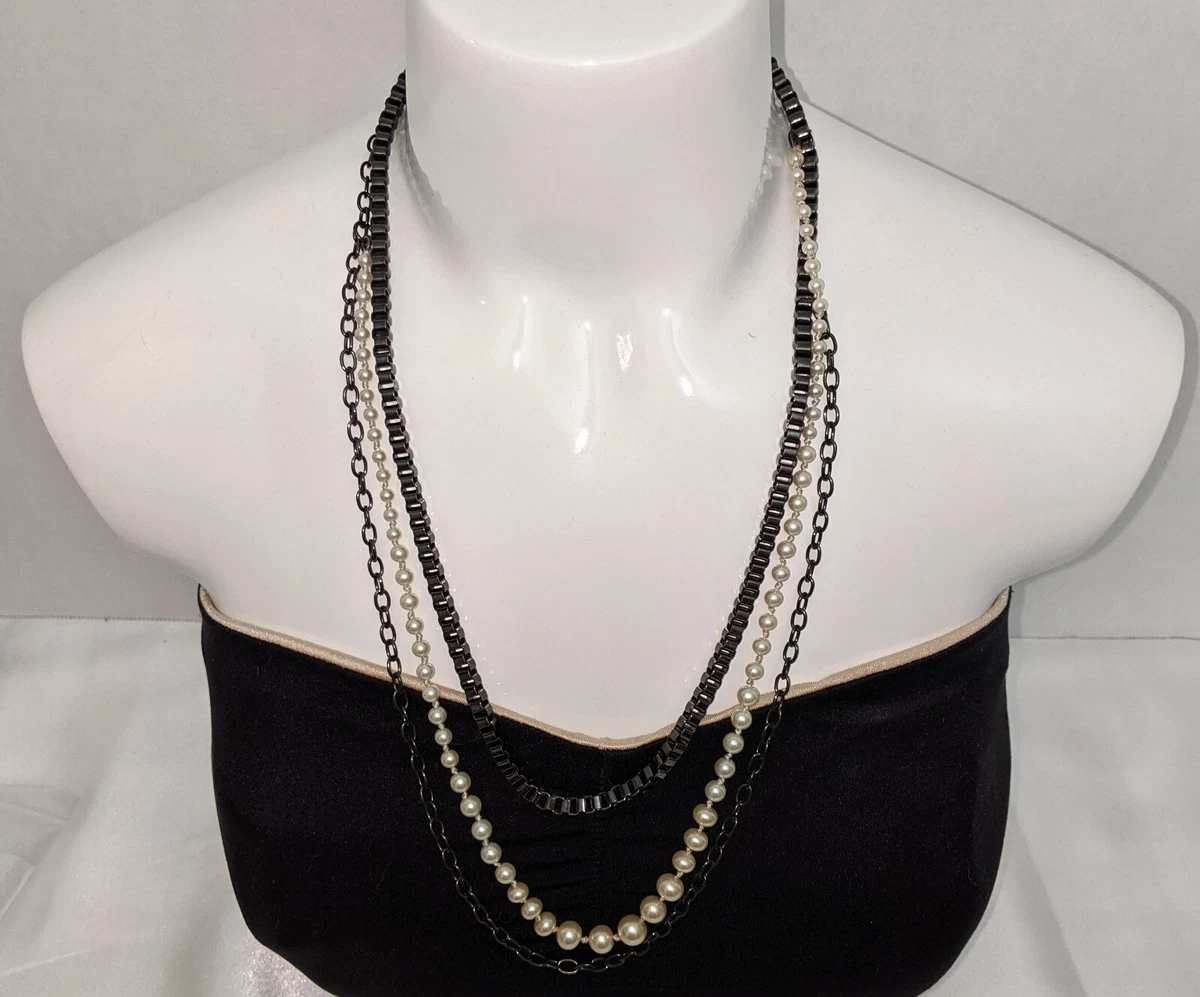 J.Crew Triple Strand Faux Pearl And Metal Layered Chain Necklace