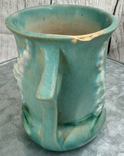 Vintage Roseville Keramik 42-4 Fingerhut grün rosa & weiß Vase = - Bild 6 von 7