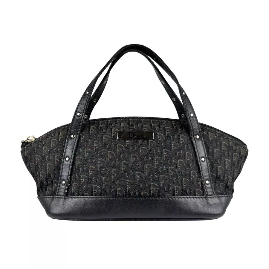 Sac à main fourre tout Christian Dior cuir toile noir argent quincaillerie fermeture éclair