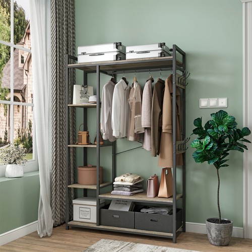 Organized Garment Rack Storage Closet System with Open Shelves and Hanging Rod - Picture 8 of 16