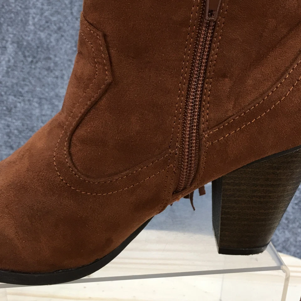 Qupid Boots Womens 7 Fringe Ankle Booties High Heels Casual Brown Fabric Zipper - Image 3 of 4