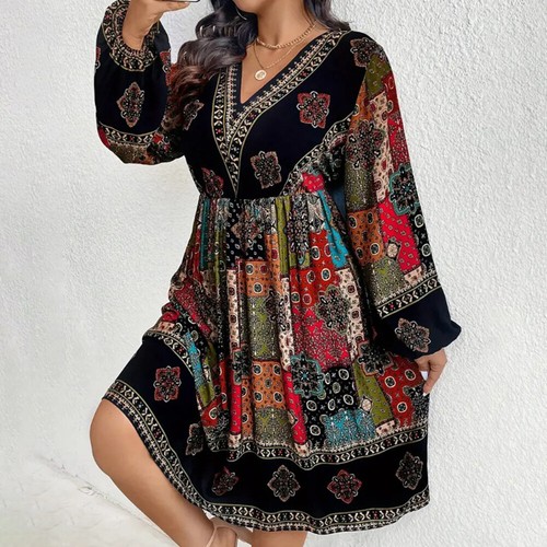 Plus Size Women Boho Floral Lantern Sleeve Midi Dress Ladies Holiday Party Dress - Picture 4 of 13