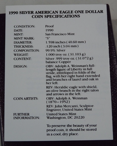 1990-S Proof American Silver Eagle Dollar $1 Box & COA US Mint Bullion OGP - Picture 4 of 4