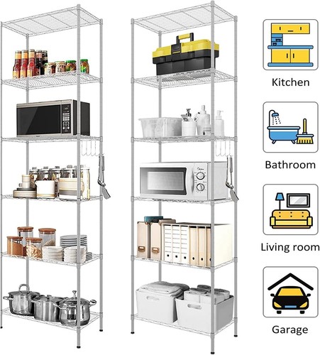 6 Etagen Stehregal Regal Metallregal Küchenregal für Badezimmer Garage mit Haken - Afbeelding 1 van 49