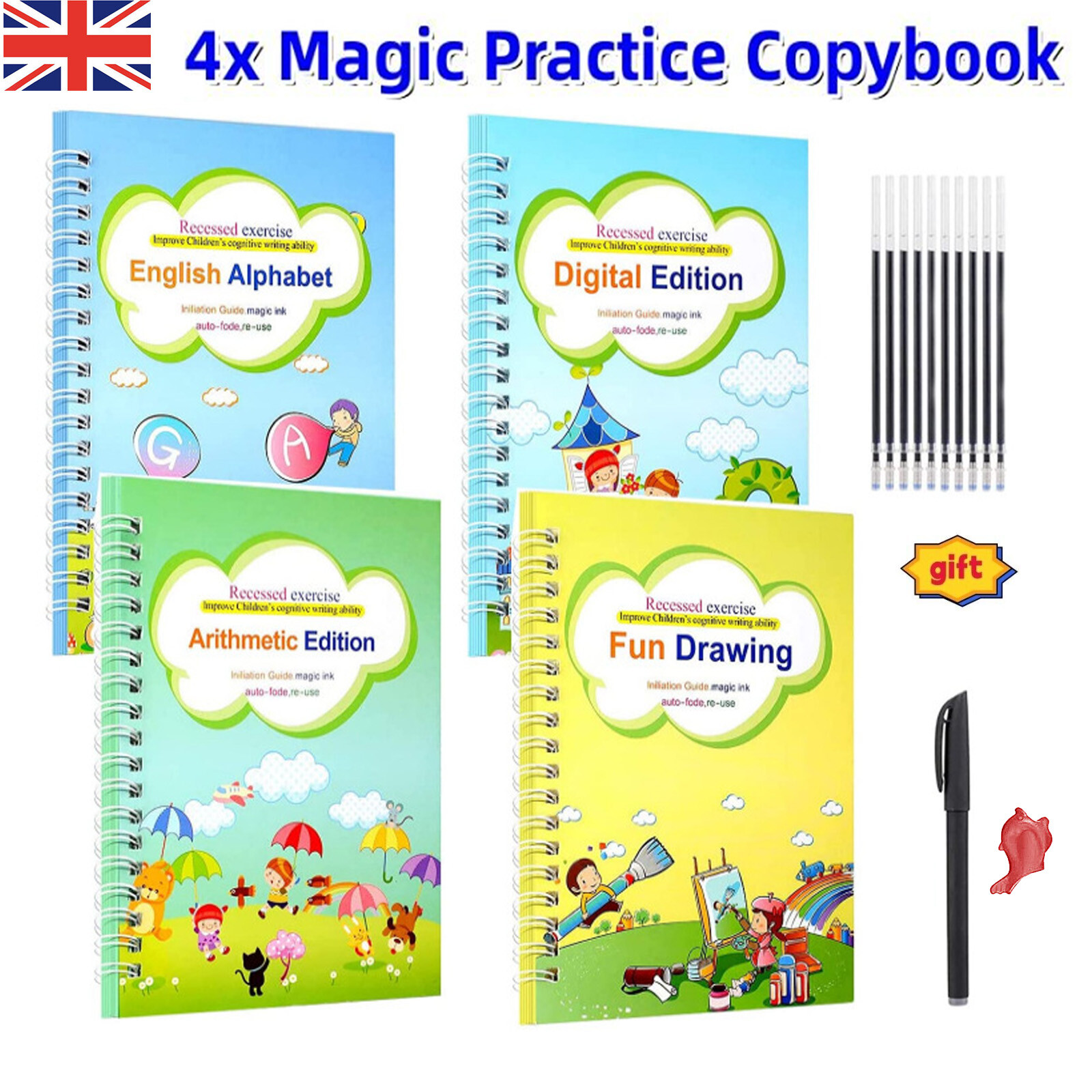 4PCS/SET Kids Sank Magic Practice Copybook Groove Handwriting Copy Book Gift UK