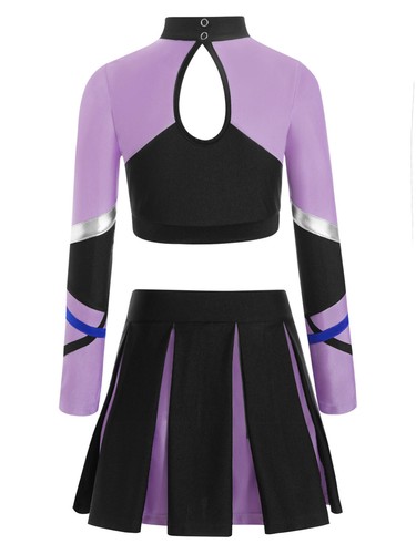 Girls Set Shiny Outfits Uniform Cheer Leader Contrast Color Tops And Miniskirt - Picture 7 of 43