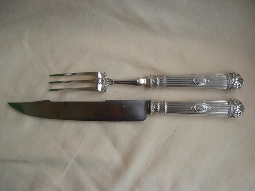STUNNING ANTIQUE FRENCH STERLING SILVER CARVING SET,COUNT S CROWN,LATE 19th. - Picture 2 of 14