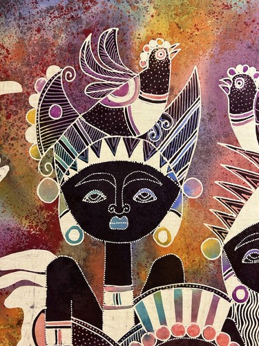 Gianto Large Batik Fabric Art King Queen Child Tribal Vintage But Modern Family - Picture 3 of 10